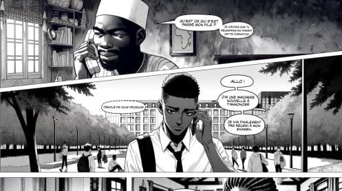Planche de bande dessinée en noir et blanc illustrant une conversation téléphonique entre trois personnages dans des environnements distincts.